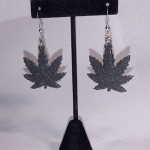 Black sparkly weed leaf earrings